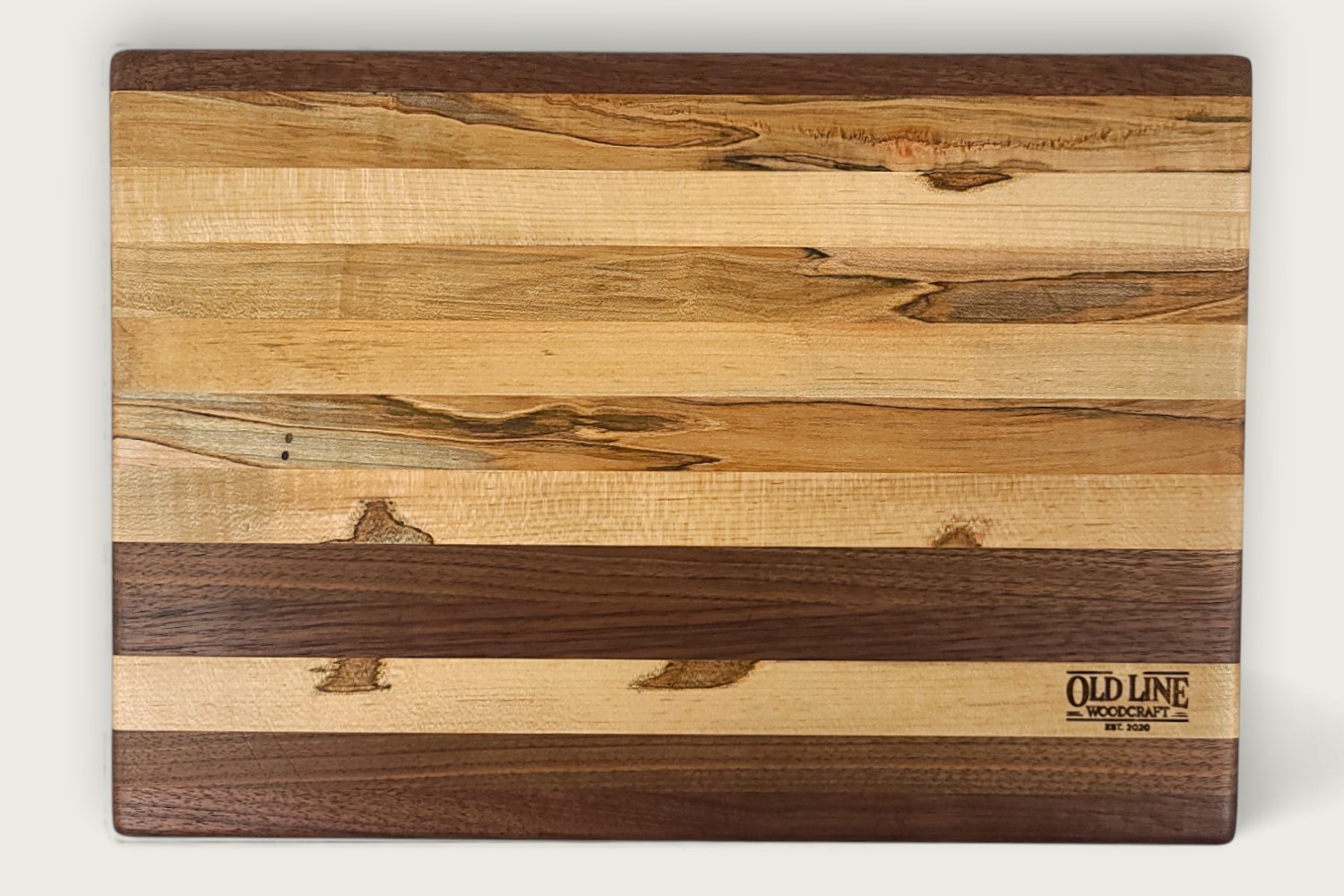 Spaulted Maple & Walnut Butcher Block Board with edge-grain horizontal pattern, light and dark wood tones.